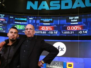 Robert F.X. Sillerman, CEO of SFX Entertainment and Afrojack after the launch of SFX Entertainment at the NASDAQ, New-York. 2013 - Credits : Getty