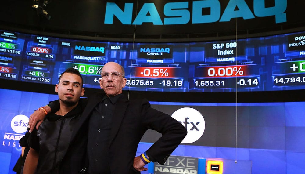 Robert F.X. Sillerman, CEO of SFX Entertainment and Afrojack after the launch of SFX Entertainment at the NASDAQ, New-York. 2013 - Credits : Getty